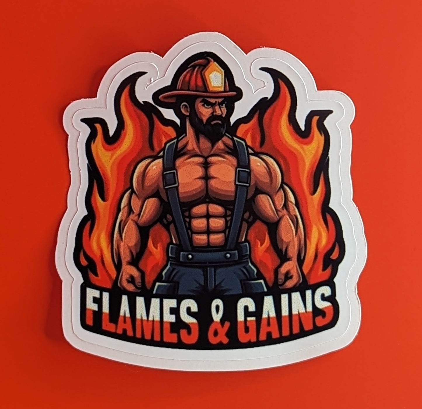 Flames and Gains Firefighter stickers, front view